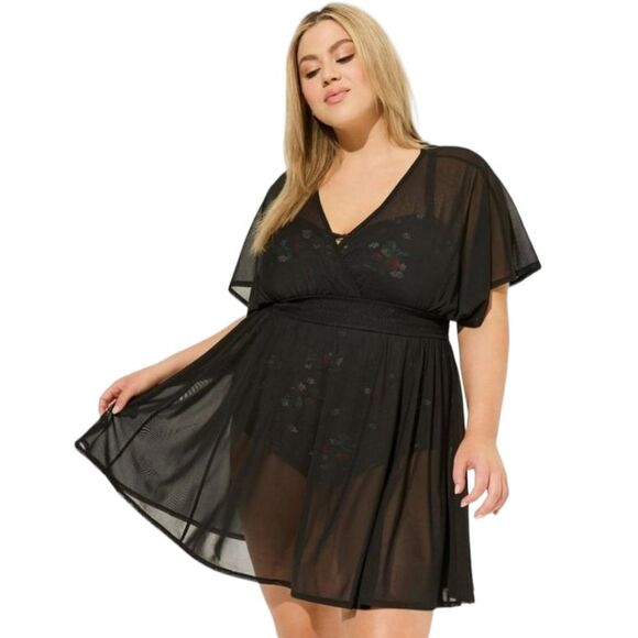 TORRID Plus Size Black mesh retro chic smocked swimsuit cover-up dress 4X - Picture 2 of 16